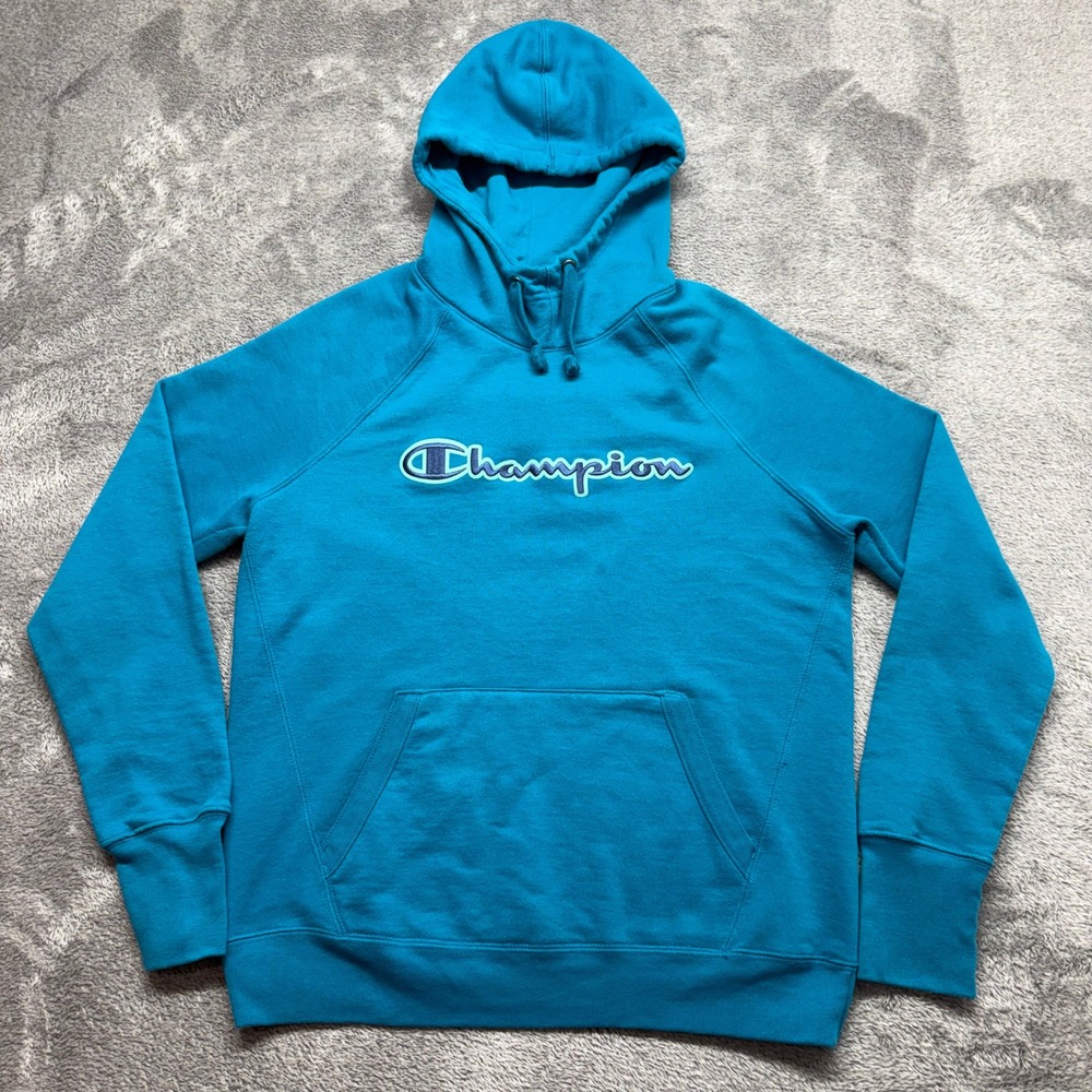 Champion Hoodie Women Medium Teal Blue Good Embroidered Logo Raglan Pullover